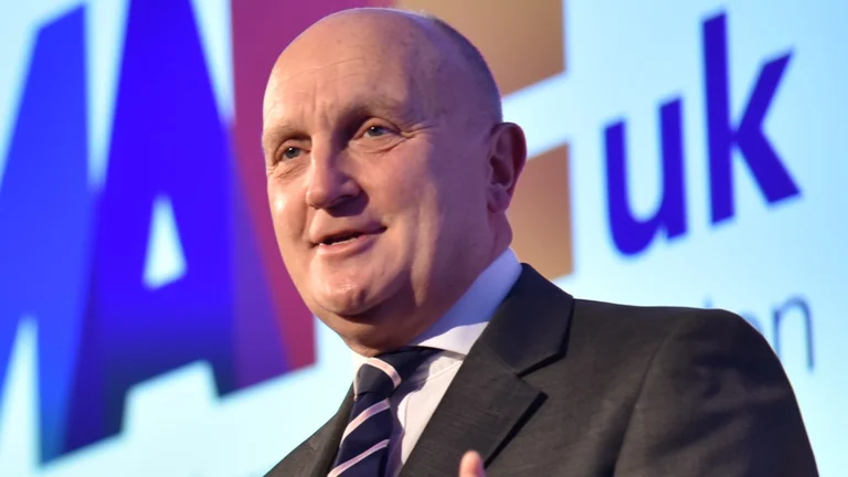 A close-up of Make UK CEO Stephen Phipson speaking at Make UK's 2023 conference