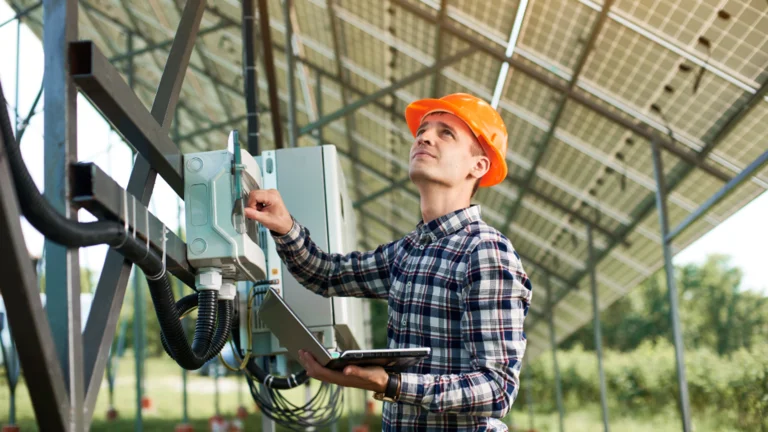 Man in hard hat looking at solar panels