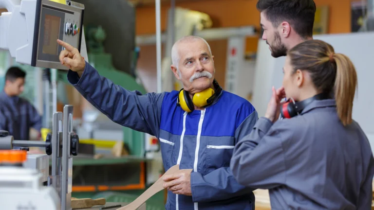 Experienced instructor shows younger employees how to operate machinery