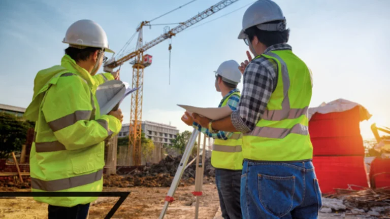 Three people looking over a construction site