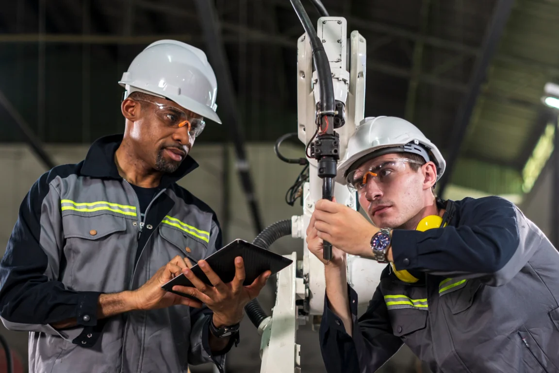 Two workers using tech to operate a piece of machinery