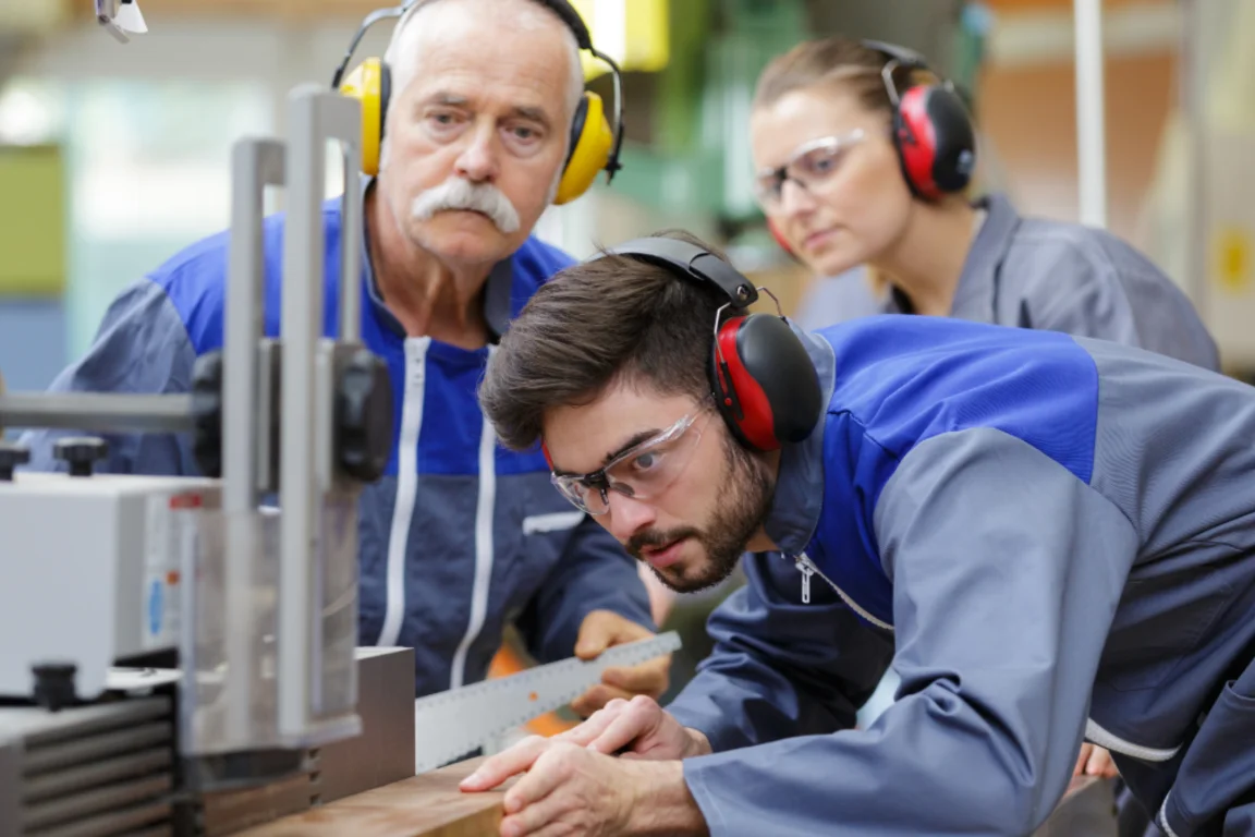 An older gentleman, and younger female and male working on a wood cutting machine in a factory setting.