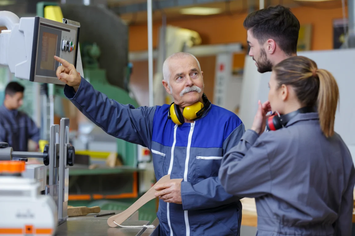 Experienced instructor shows younger employees how to operate machinery